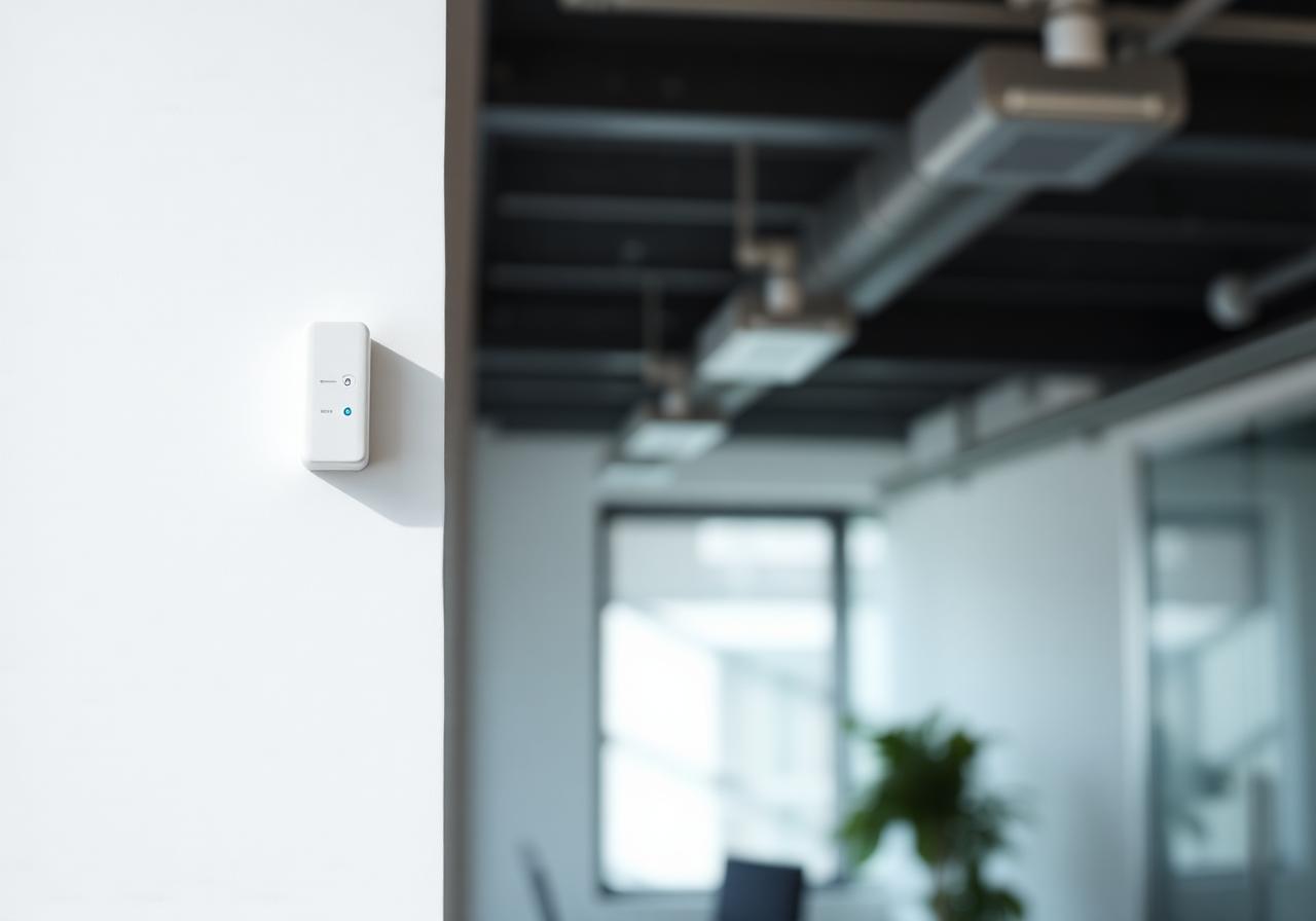 Wall-mounted environmental sensor in a modern UK office interior
